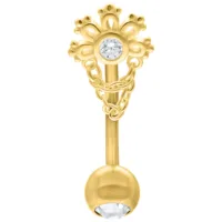 Goldenes Micro Bananabell mit Kristall, 1.2mm Goldenes Micro Bananabell mit Kristall und Kettendetails auf weißem Hintergrund