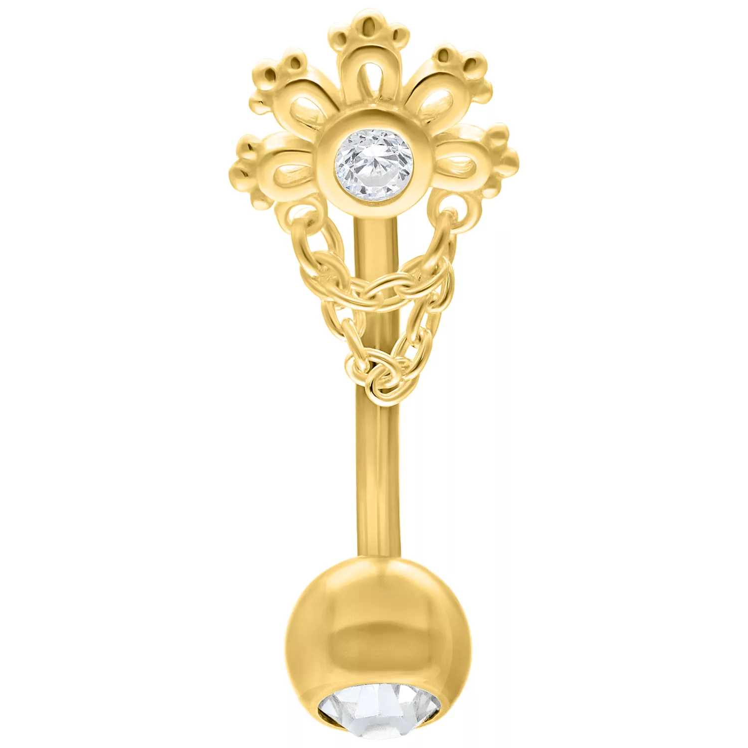 Goldenes Micro Bananabell mit Kristall, 1.2mm Goldenes Micro Bananabell mit Kristall und Kettendetails auf weißem Hintergrund