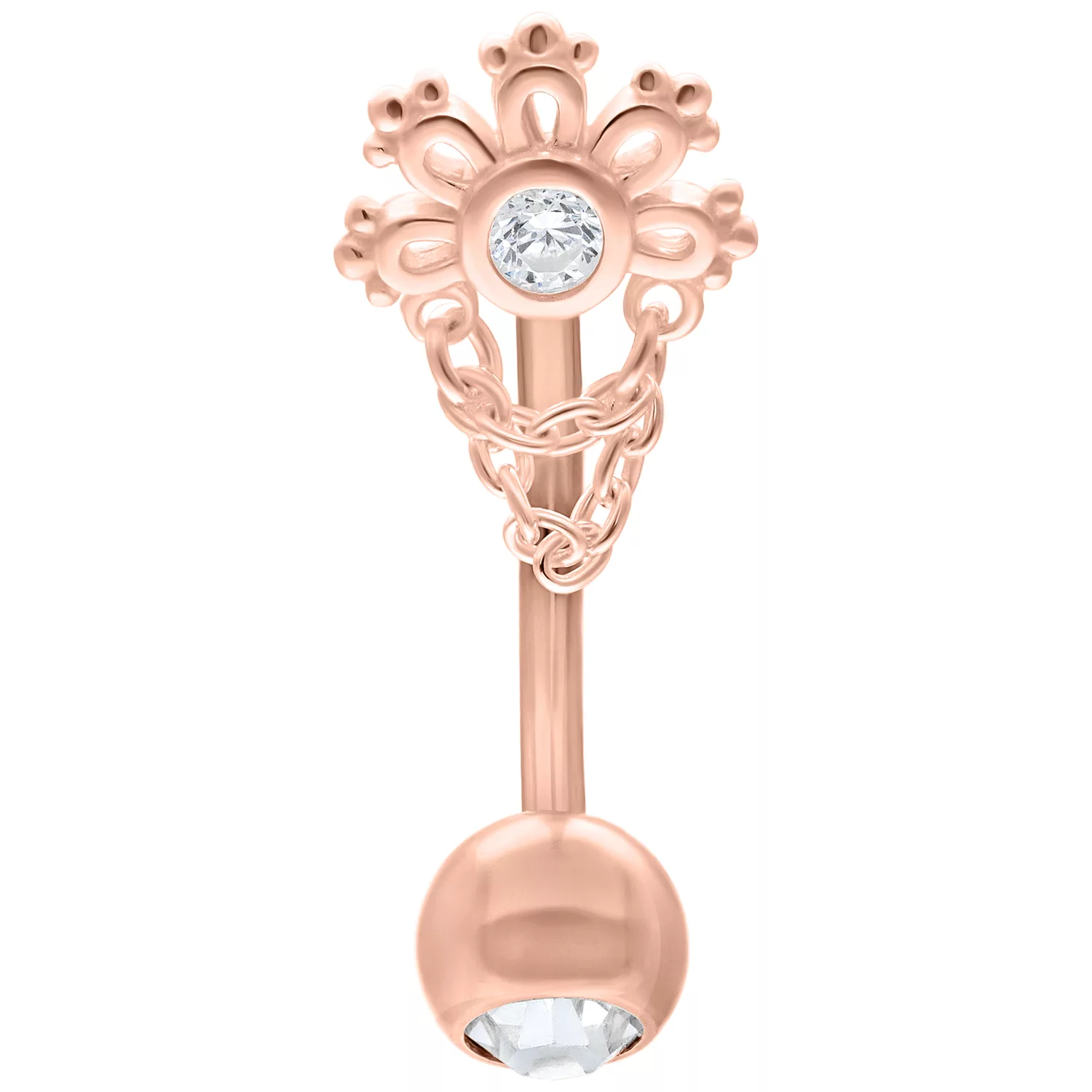 Roségold Crystal Micro Bananabell 12mm Roségoldenes Micro Bananabell mit Kristall, 12mm Länge, auf weißem Hintergrund