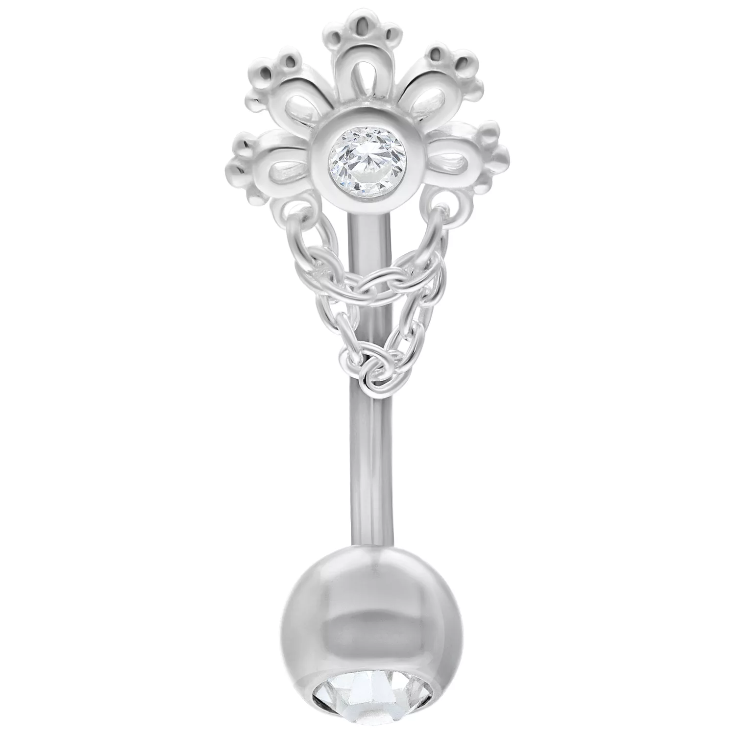 Crystal Sunrise Micro Bananabell Silber Silbernes Micro Bananabell mit klarem Kristall und Kettenverzierung