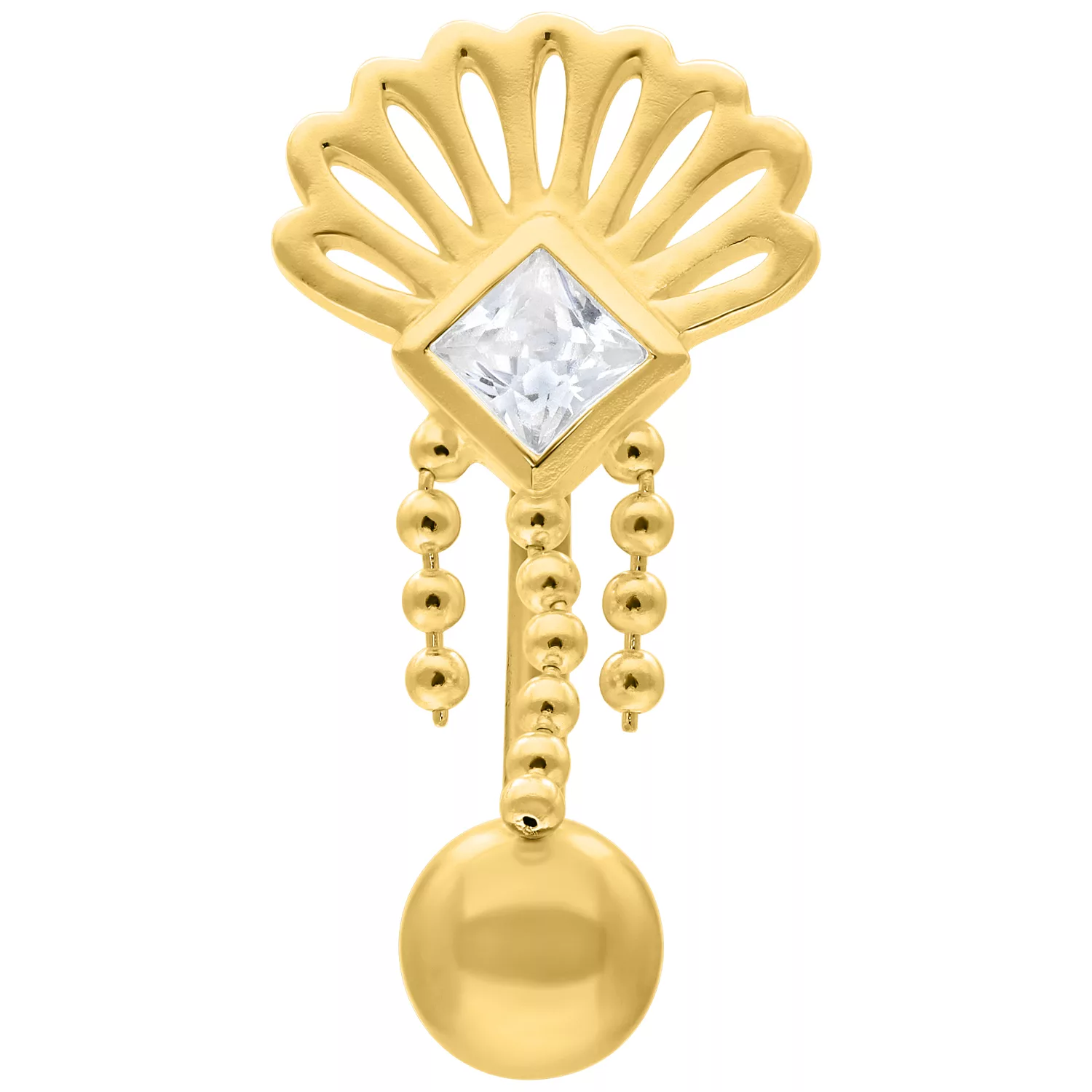 Goldenes Crystal Peacock Micro Bananabell 12mm Goldenes Bananabell mit Kristall und Ketten auf weißem Hintergrund