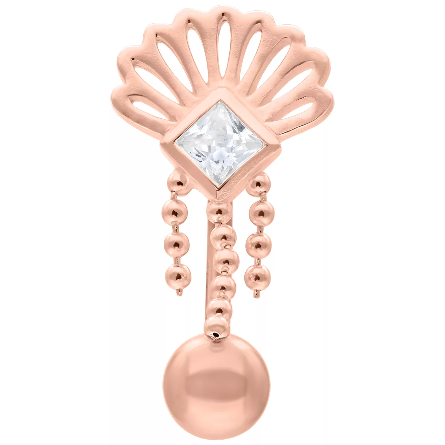 Crystal Peacock Micro Bananabell in Roségold Roségoldenes Micro Bananabell mit Kristall und hängenden Ketten auf weißem Hintergrund