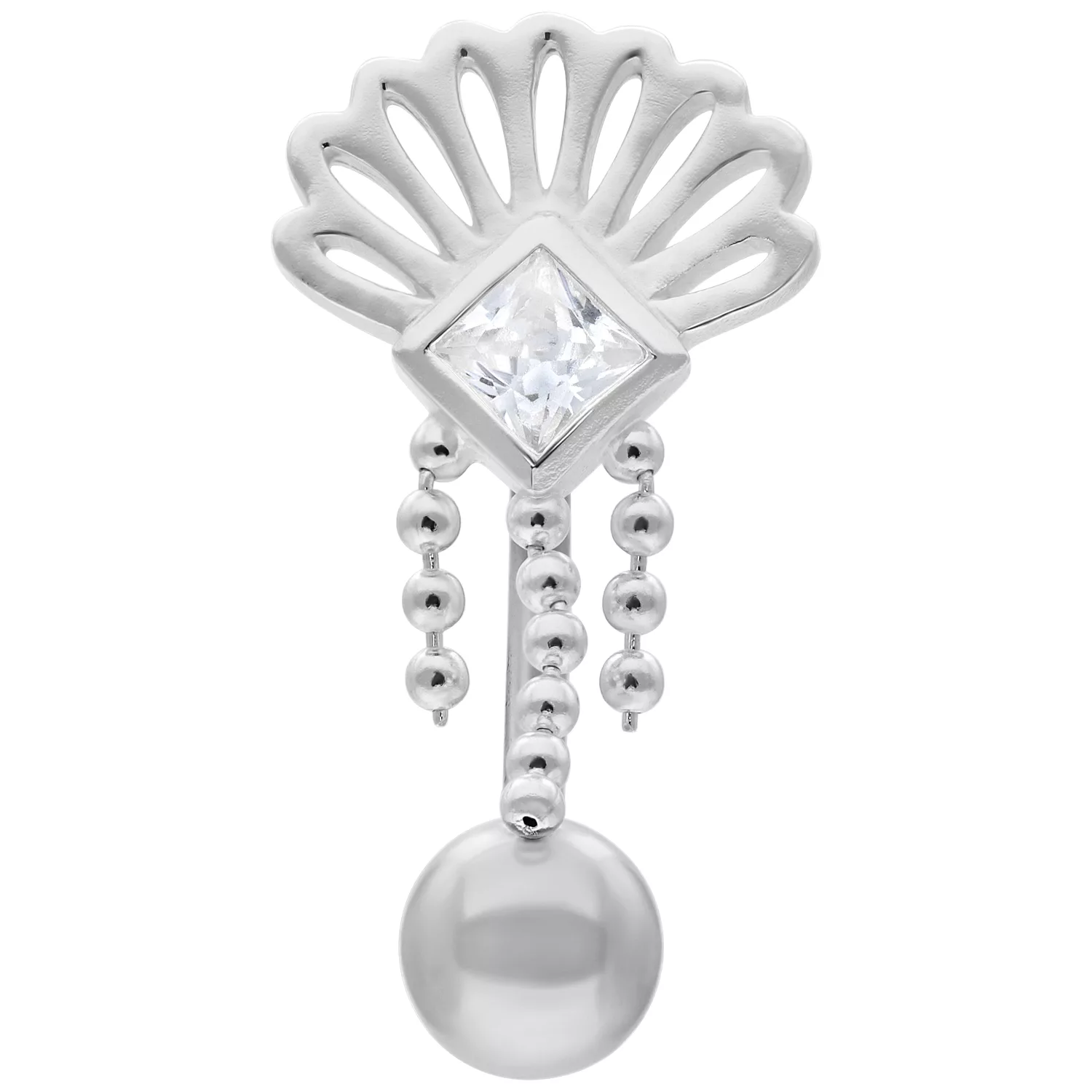 Crystal Peacock Micro Bananabell in Silber Silbernes Micro Bananabell mit Kristall und Pfauenmuster auf weißem Hintergrund