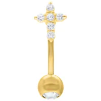 Goldenes Crystal Cross Micro Bananabell, 1,6 mm, 12 mm Goldenes Bananabell mit Kreuz aus klaren Kristallen auf weißem Hintergrund
