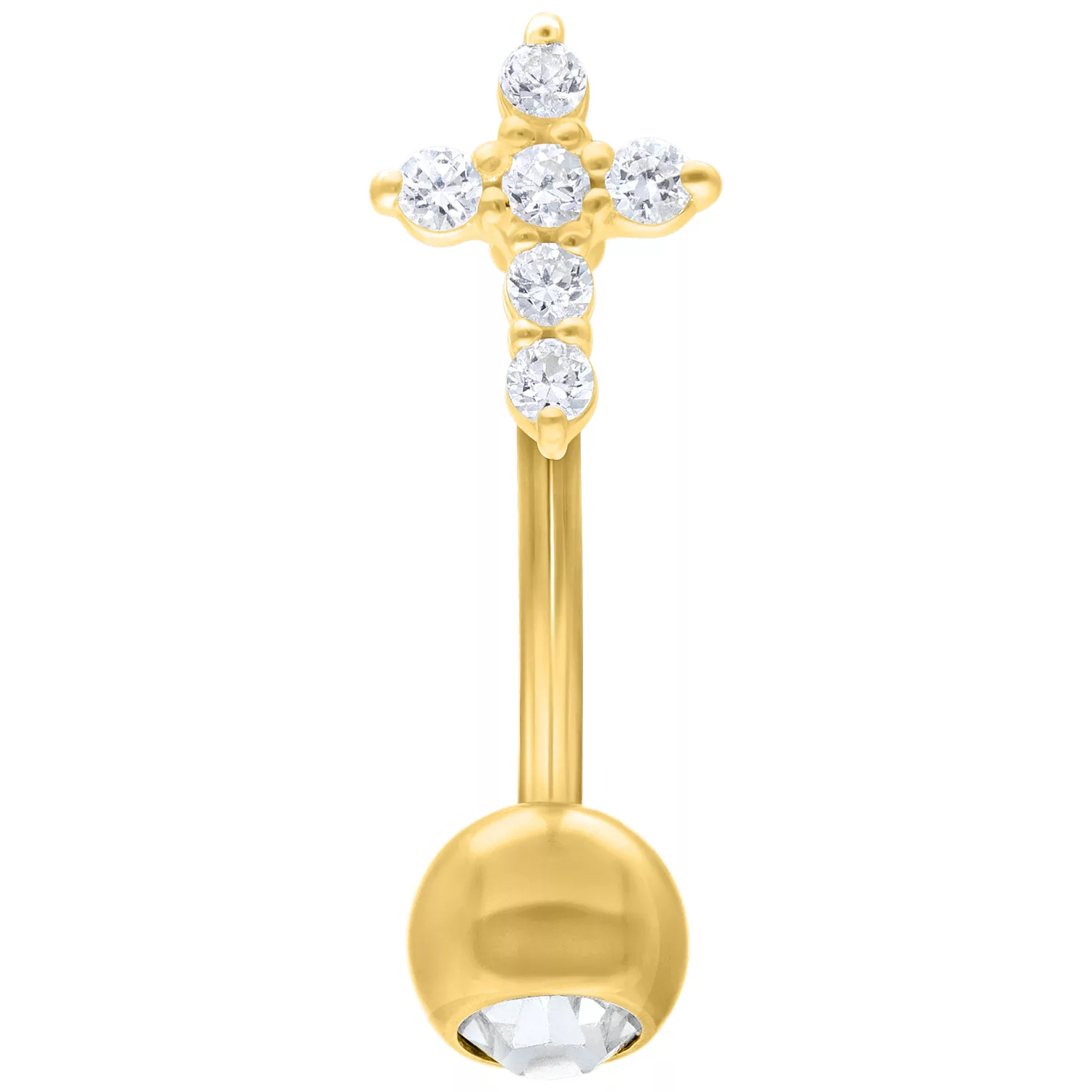 Goldenes Crystal Cross Micro Bananabell, 1,6 mm, 12 mm Goldenes Bananabell mit Kreuz aus klaren Kristallen auf weißem Hintergrund