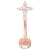 Roségold Crystal Cross Micro Bananabell Roségoldenes Bananabell mit Kreuz aus klaren Kristallen auf weißem Hintergrund