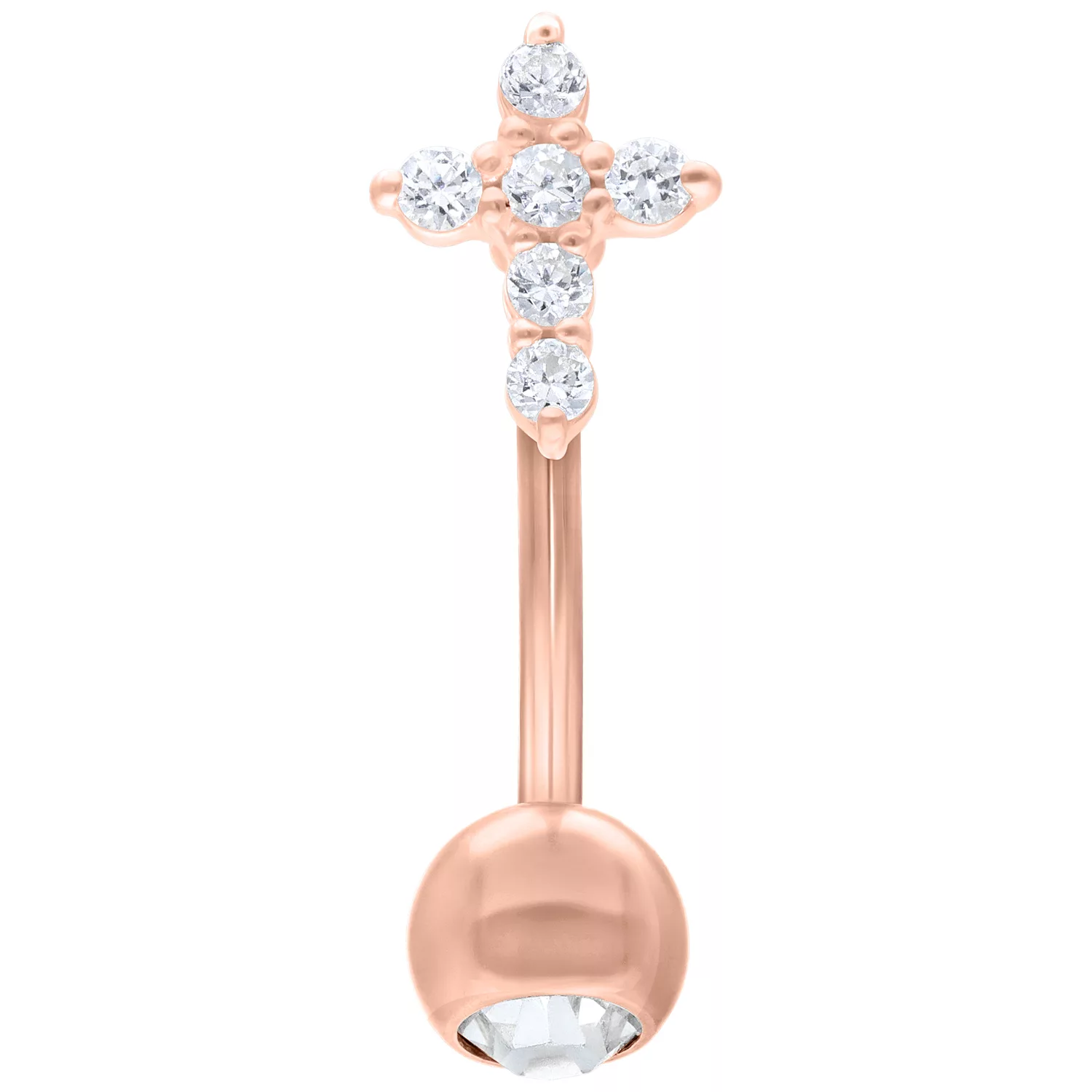 Roségold Crystal Cross Micro Bananabell Roségoldenes Bananabell mit Kreuz aus klaren Kristallen auf weißem Hintergrund
