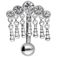 5 Kristalle Micro Bananabell in Silber Silbernes Micro Bananabell mit 5 klaren Kristallen und Anhängern auf weißem Hintergrund