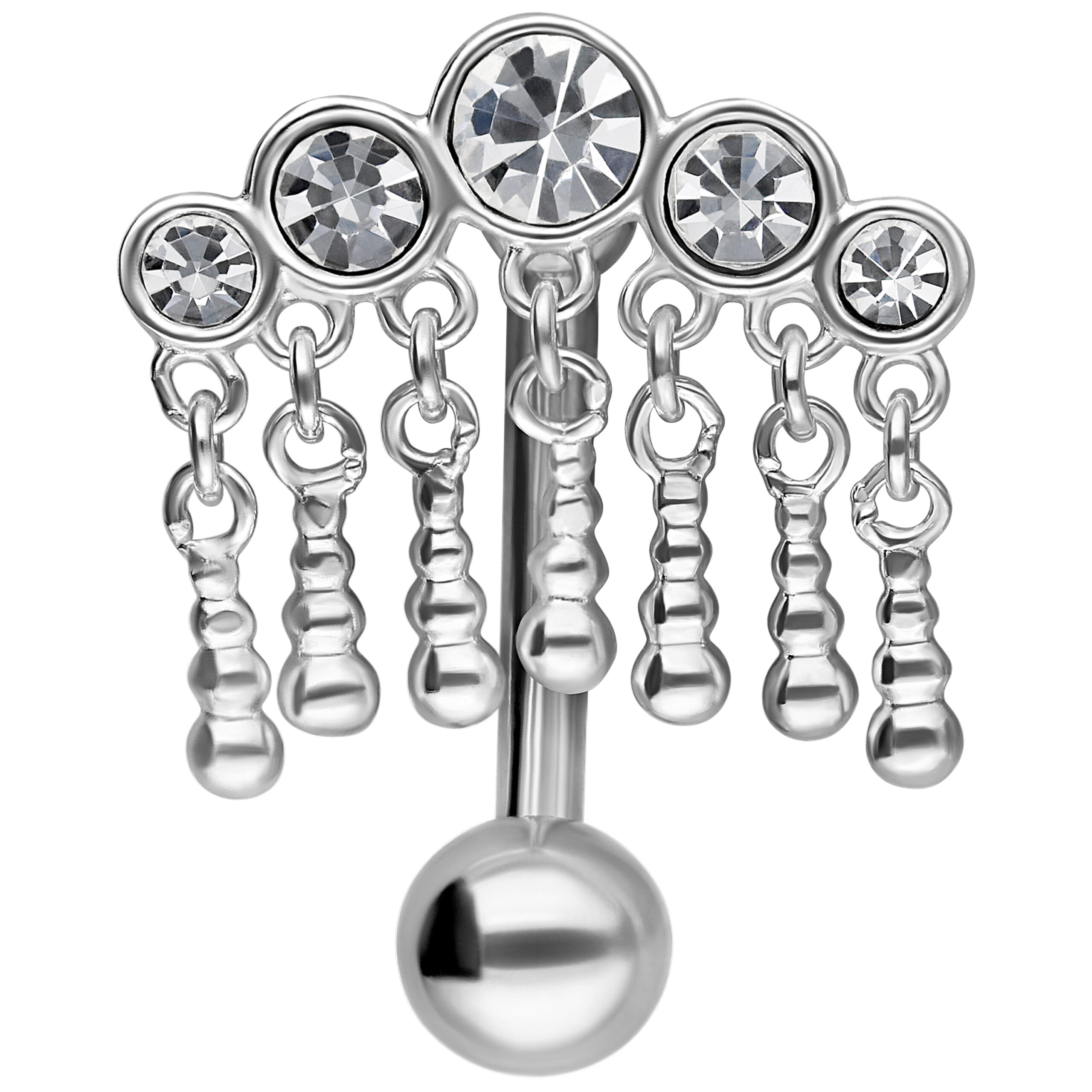 5 Kristalle Micro Bananabell in Silber Silbernes Micro Bananabell mit 5 klaren Kristallen und Anhängern auf weißem Hintergrund