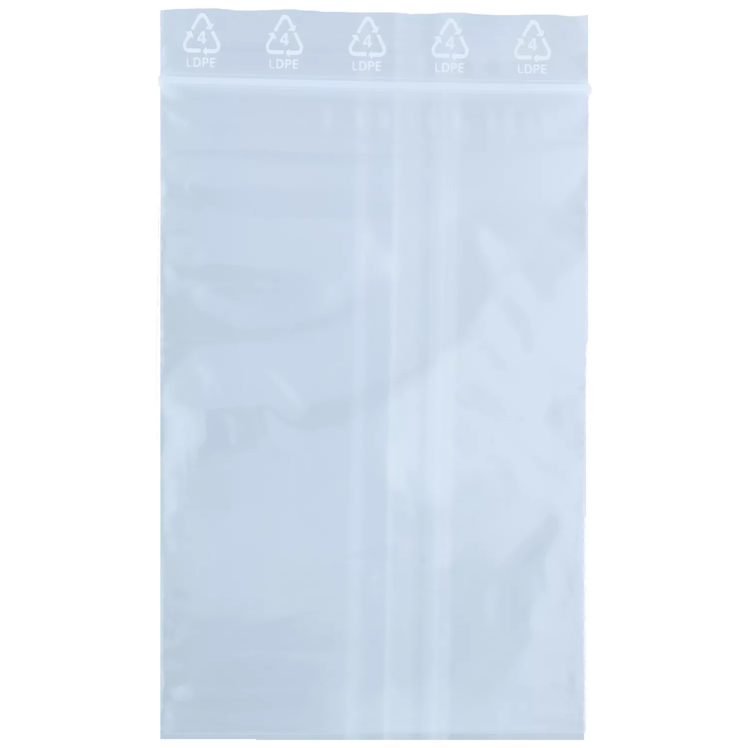 Transparenter Klemmbeutel 80x120 mm Transparenter Klemmbeutel aus LDPE, 80x120 mm, auf weißem Hintergrund