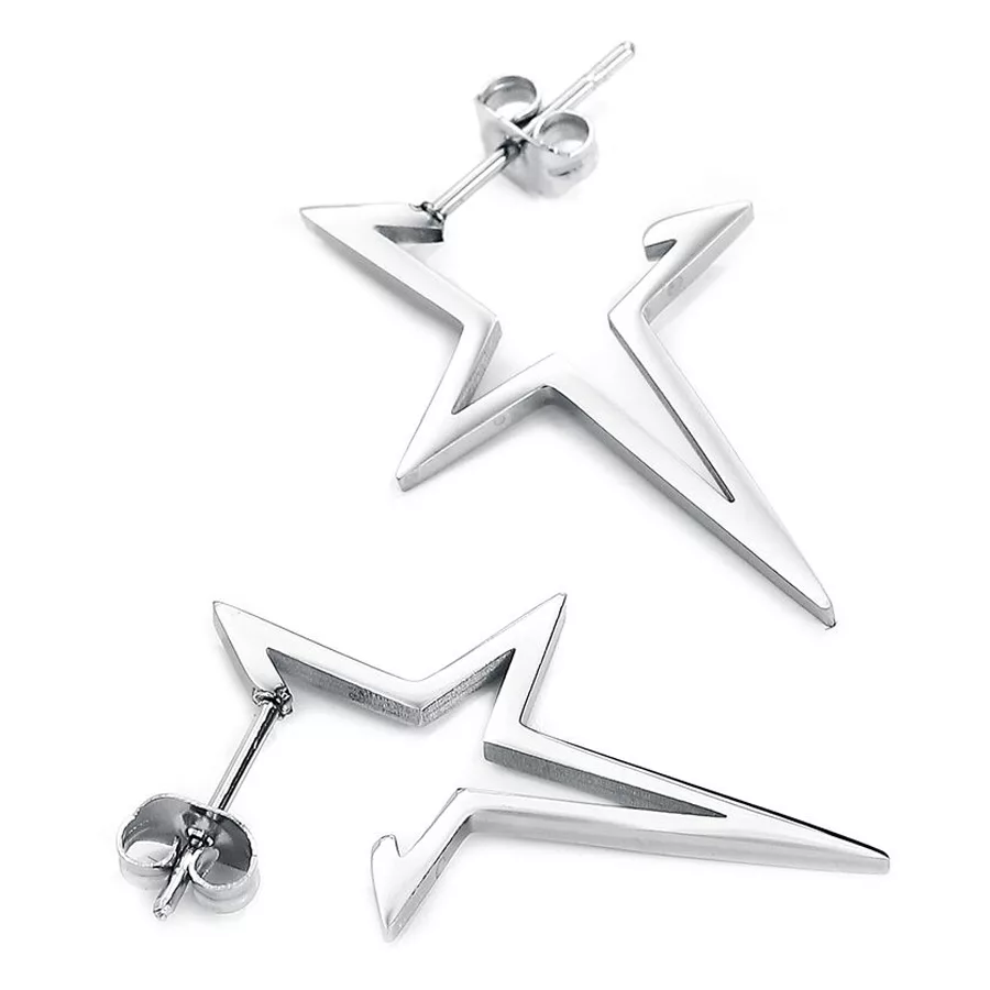 Silberne Stern-Ohrstecker aus Chirurgenstahl Zwei silberne Stern-Ohrstecker aus Chirurgenstahl auf weißem Hintergrund