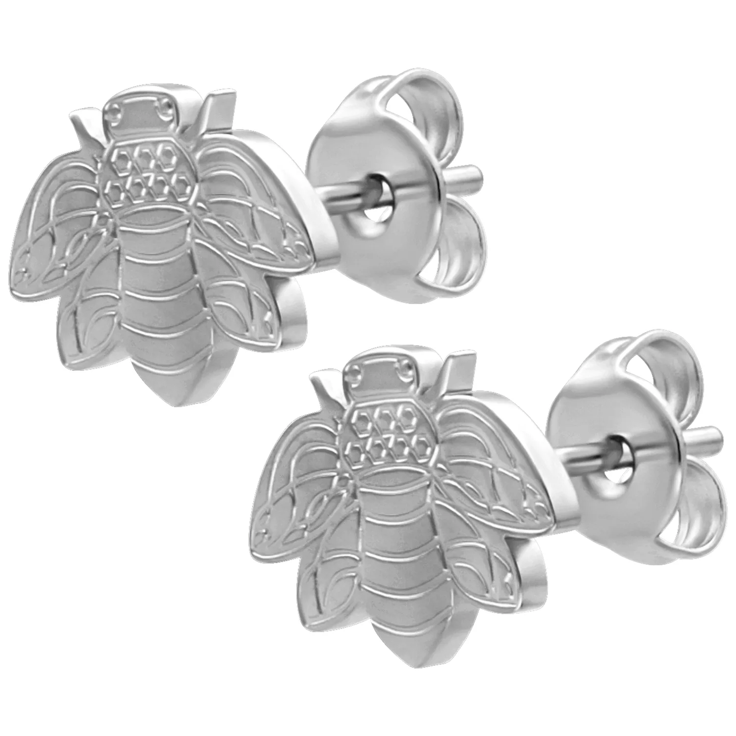 Bienen Ohrstecker aus Edelstahl, Silber Silberne Bienen Ohrstecker aus Edelstahl auf weißem Hintergrund