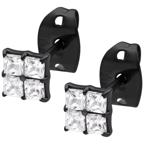Quadratische Ohrstecker aus schwarzem Metall mit klaren Kristallen