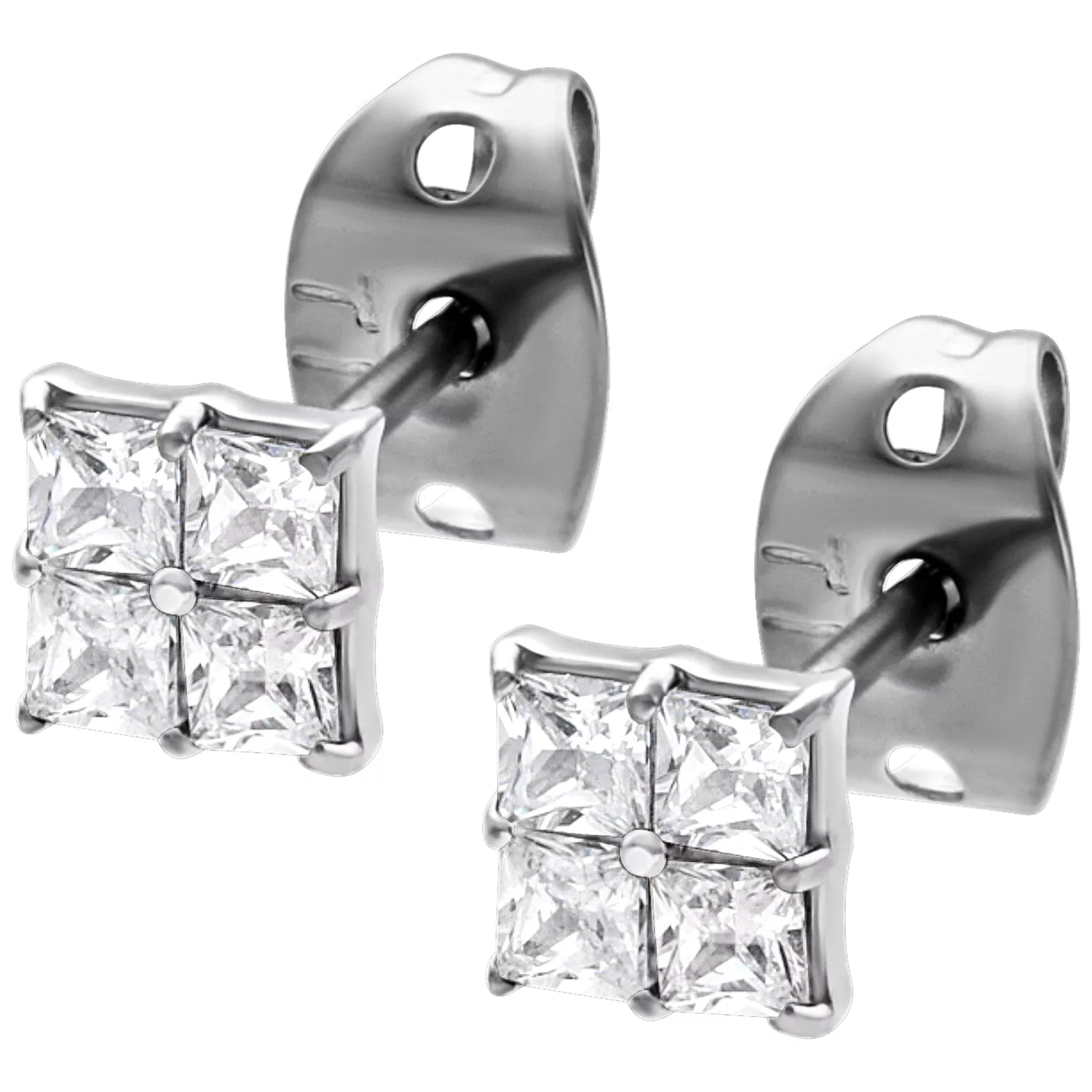 Quadratische Kristall-Ohrstecker in Silber Silberne Ohrstecker mit quadratischen Kristallen auf weißem Hintergrund
