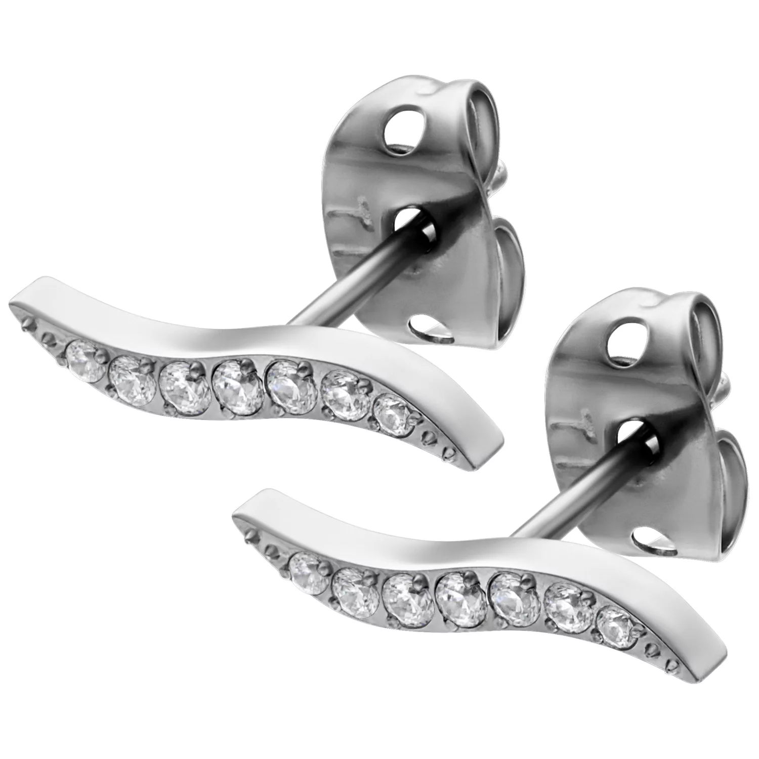 Elegante Kristall Ohrstecker in Silber Zwei silberne Ohrstecker mit klaren Kristallen auf weißem Hintergrund