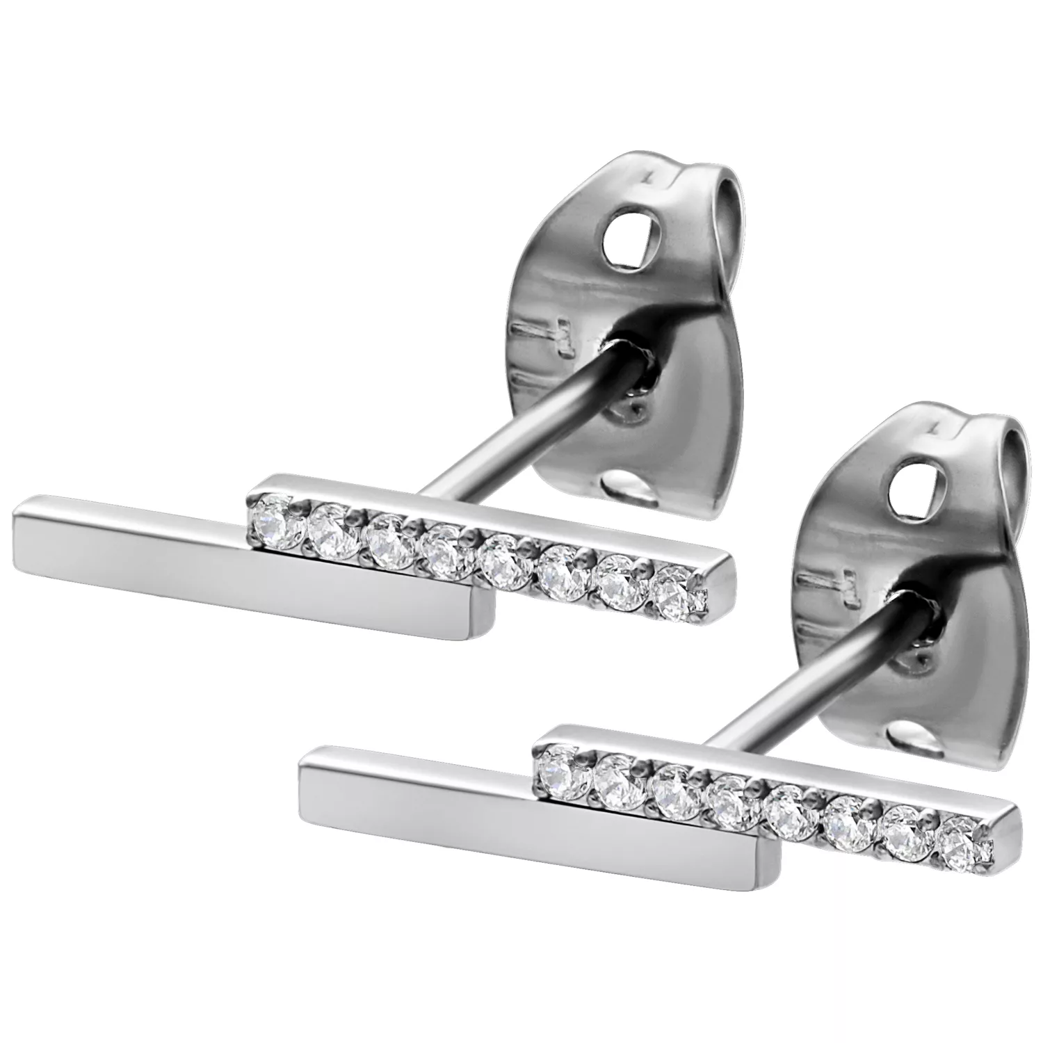 Silberne Ohrstecker mit Kristallbalken Silberne Ohrstecker mit horizontalem Kristallbalken auf weißem Hintergrund