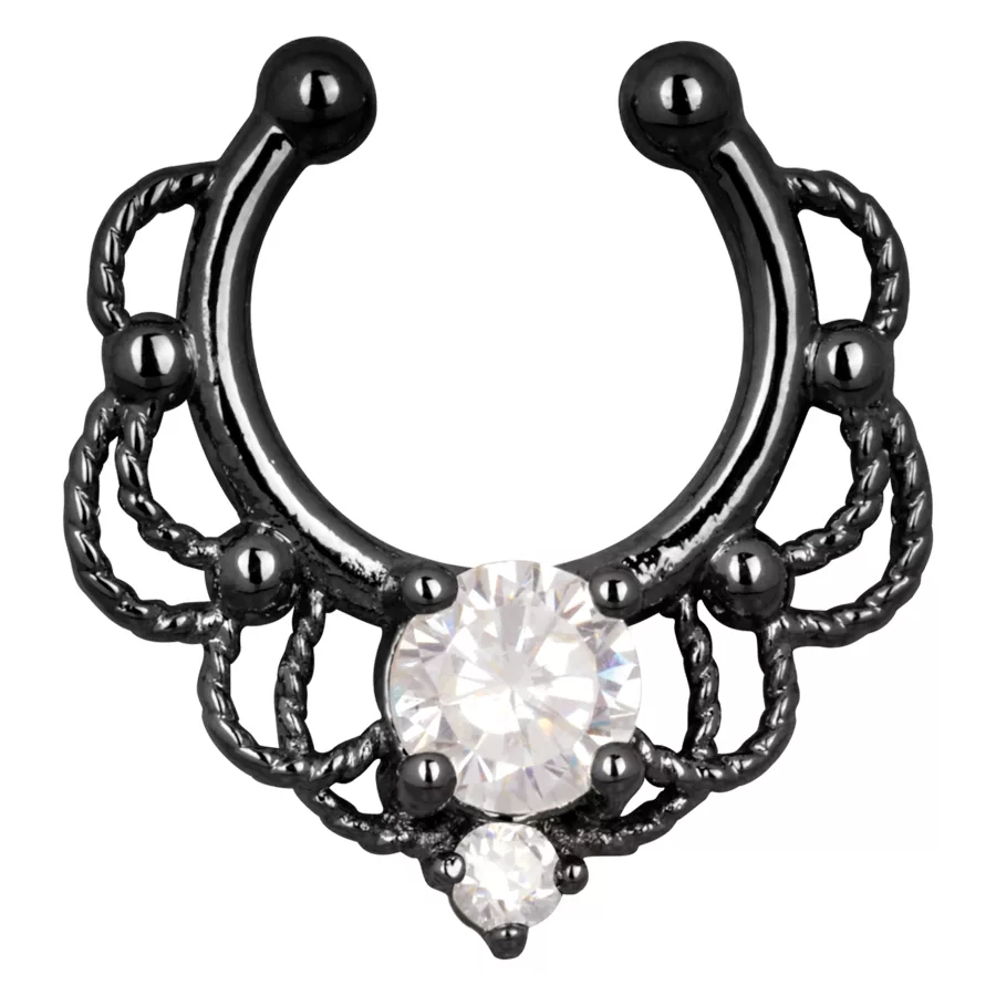 Schwarzer Fake Septum mit Kristallen Schwarzes Fake Septum Piercing mit klaren Kristallen auf weißem Hintergrund