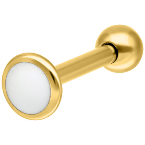 Goldenes Labret aus Titan mit weißer Platte auf weißem Hintergrund