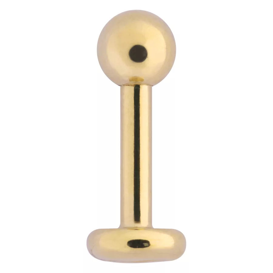 Goldenes Titan Labret mit Außengewinde Goldenes Titan Labret mit kugelförmigem Abschluss auf weißem Hintergrund
