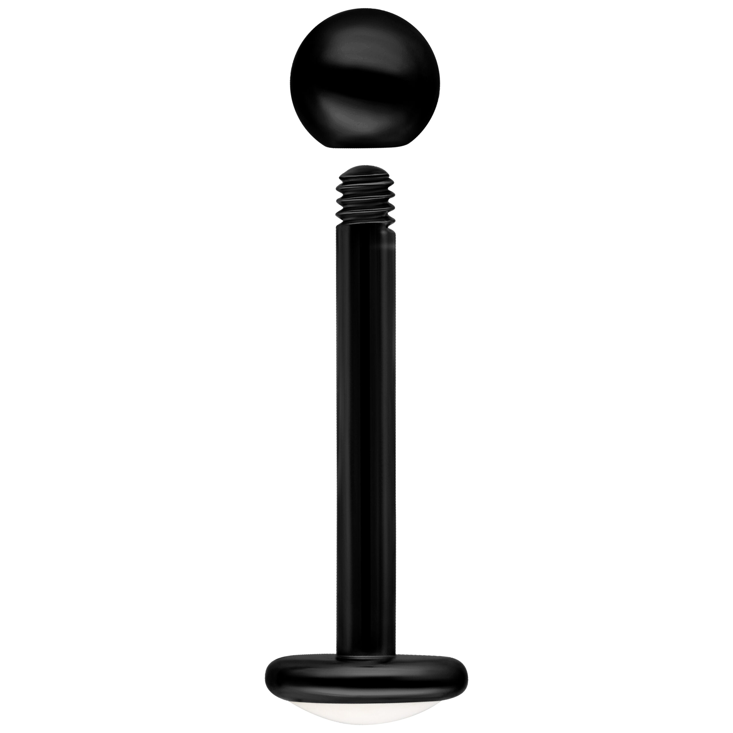 Schwarzes Titan Labret mit Außengewinde Schwarzes Titan Labret mit Außengewinde, Kugel und flache Platte auf weißem Hintergrund