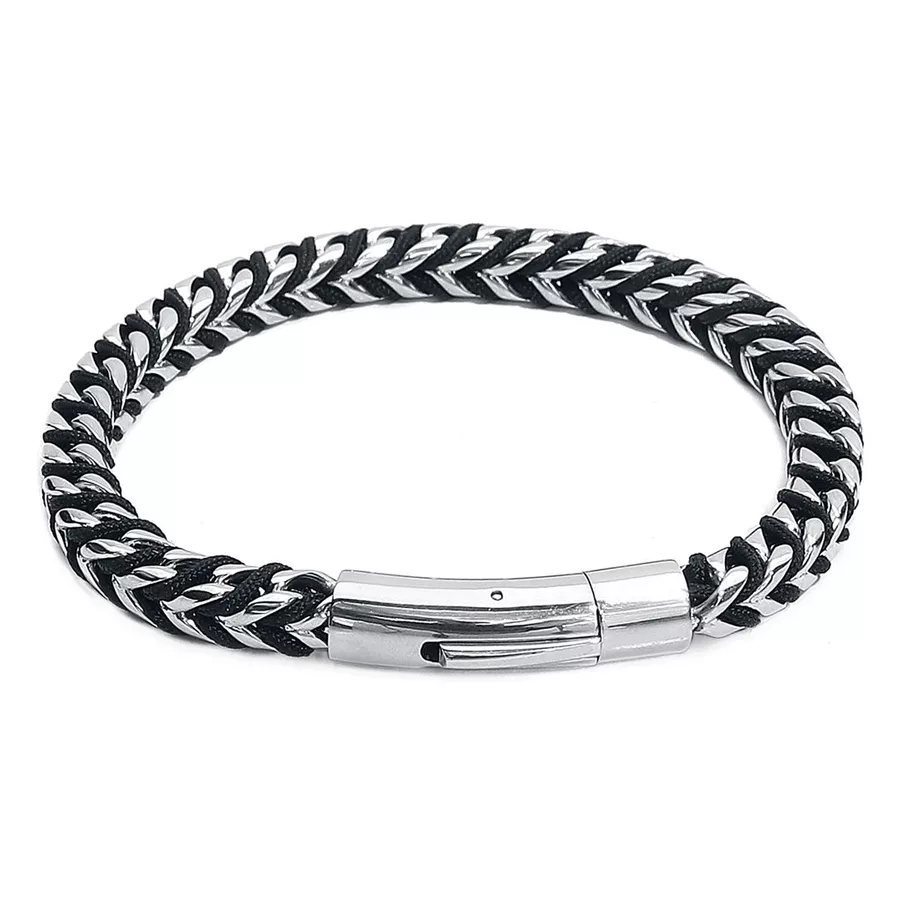 Viper Armband aus Nylon und Chirurgenstahl Schwarzes und silbernes Armband aus Nylon mit Edelstahlverschluss auf weißem Hintergrund