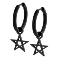 Schwarze Pentagramm-Ohrringe aus Edelstahl Zwei schwarze Edelstahl-Ohrringe mit Pentagramm-Anhänger auf weißem Hintergrund