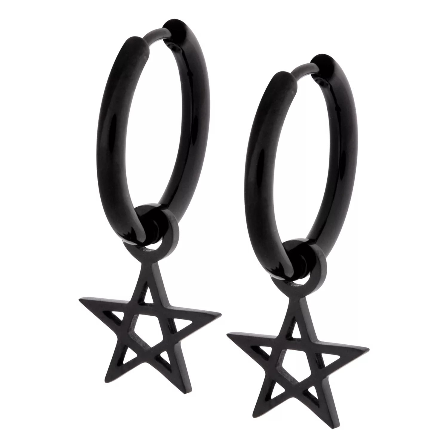 Schwarze Pentagramm-Ohrringe aus Edelstahl Zwei schwarze Edelstahl-Ohrringe mit Pentagramm-Anhänger auf weißem Hintergrund