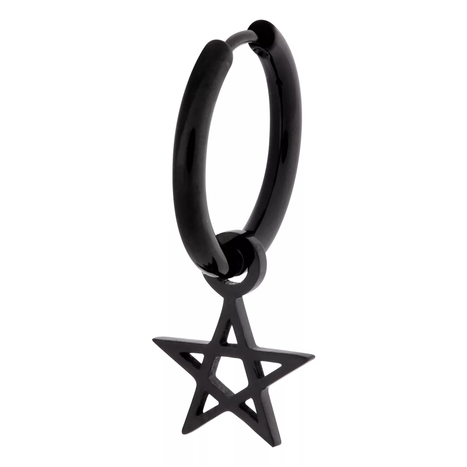 Schwarze Pentagramm-Ohrringe aus Edelstahl Schwarzer Ohrring mit Pentagramm-Anhänger auf weißem Hintergrund