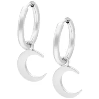 Silberne Little Moonchild Hoops Ohrringe Silberne Ohrringe mit Halbmond-Anhänger auf weißem Hintergrund