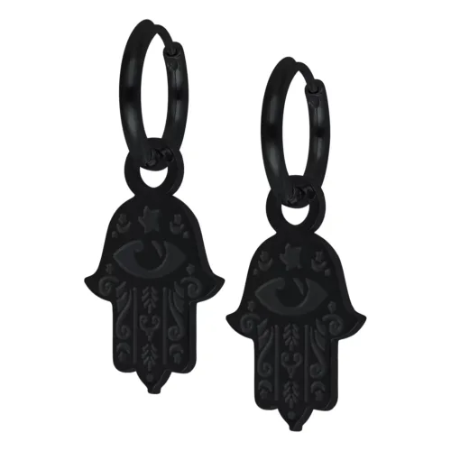 Schwarze Hamsa Hand Ohrringe aus Chirurgenstahl auf weißem Hintergrund