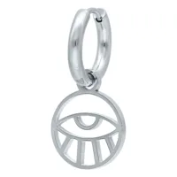 Silberne Little Eye Hoops Ohrringe Silberne Ohrringe mit Auge-Motiv auf weißem Hintergrund