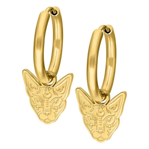 Goldene Little Sphynx Ohrringe mit Katzenkopf-Design auf weißem Hintergrund