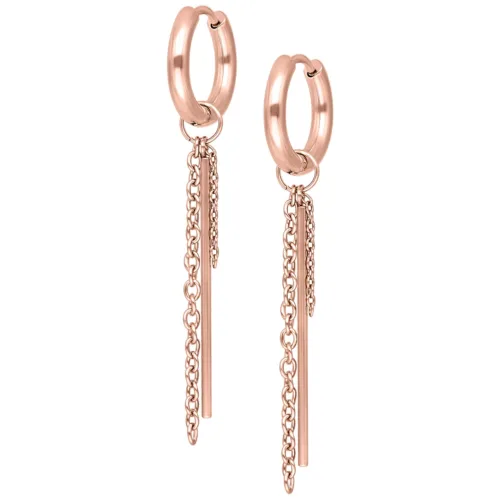 Roségoldene Ohrringe mit Ketten- und Stabdesign auf weißem Hintergrund