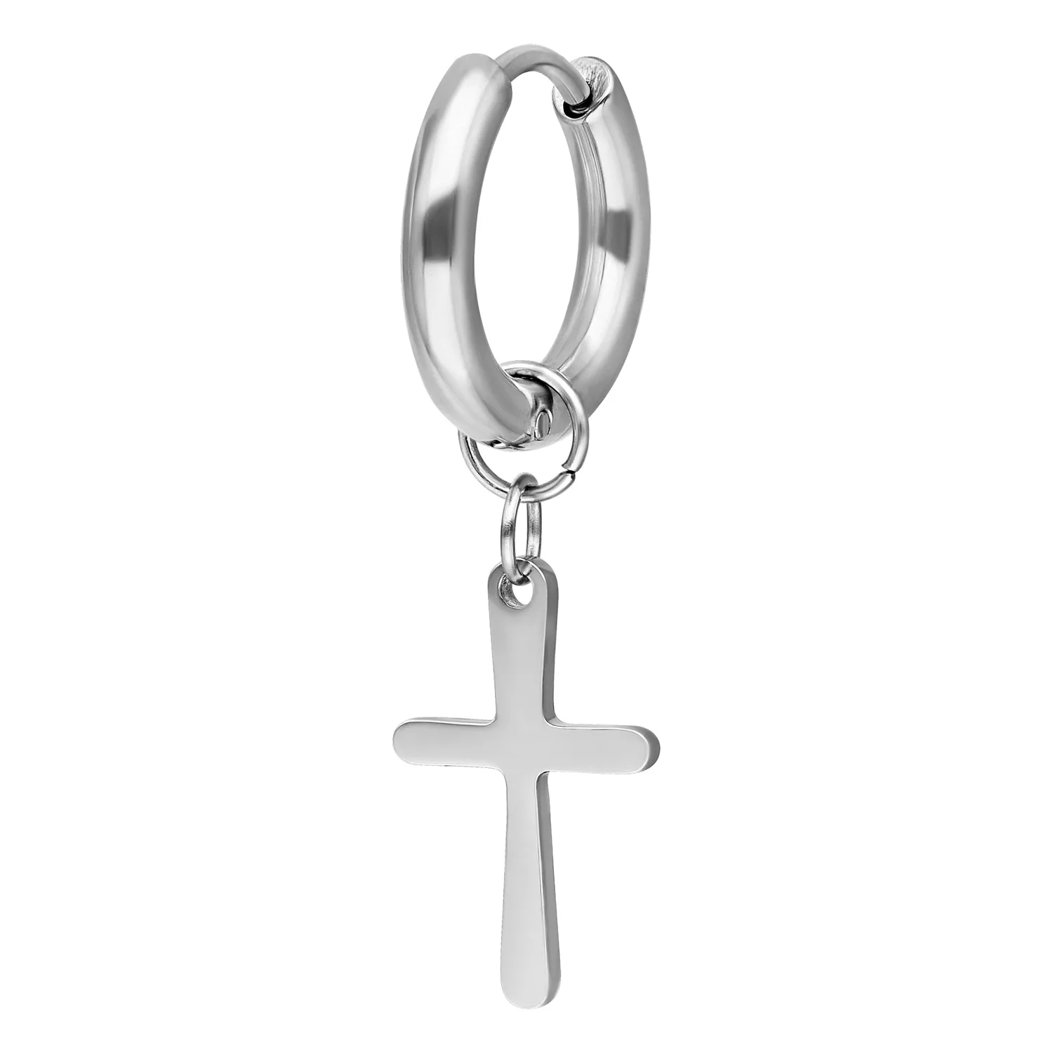 Silberne Kreuz-Ohrringe aus Chirurgenstahl Silberne Ohrringe mit rundem Kreuzanhänger vor weißem Hintergrund