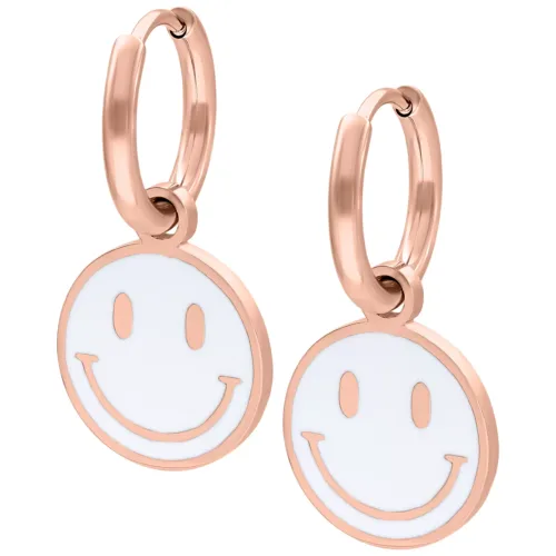 Weißer Smiley-Ohrring aus Roségold-Chirurgenstahl auf weißem Hintergrund