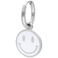 Silberfarbene Smiley-Ohrringe aus Chirurgenstahl Silberfarbener Ohrring mit weißem Smiley-Anhänger auf weißem Hintergrund
