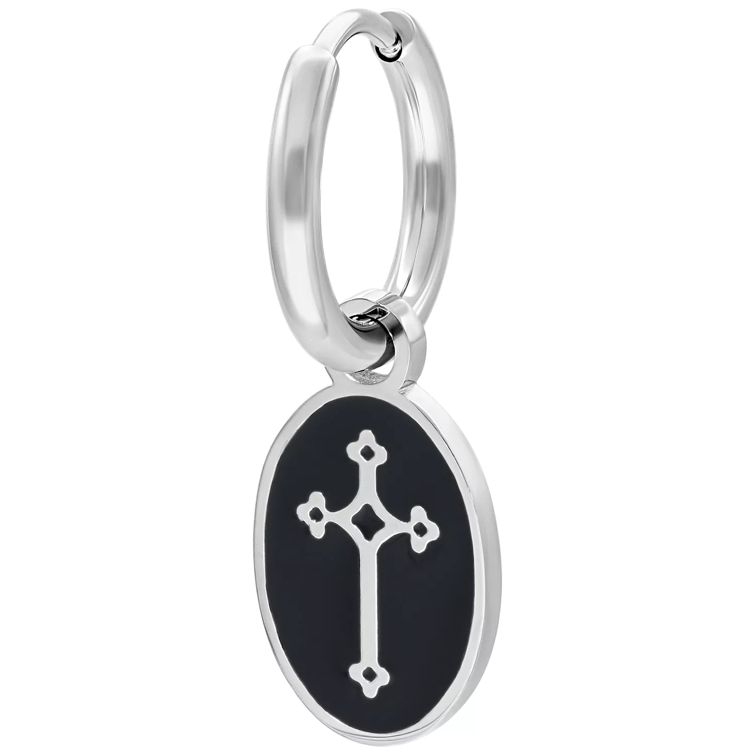 Silberne Little Vintage Cross Hoops Ohrringe Silberner Ohrring mit Kreuzanhänger auf weißem Hintergrund