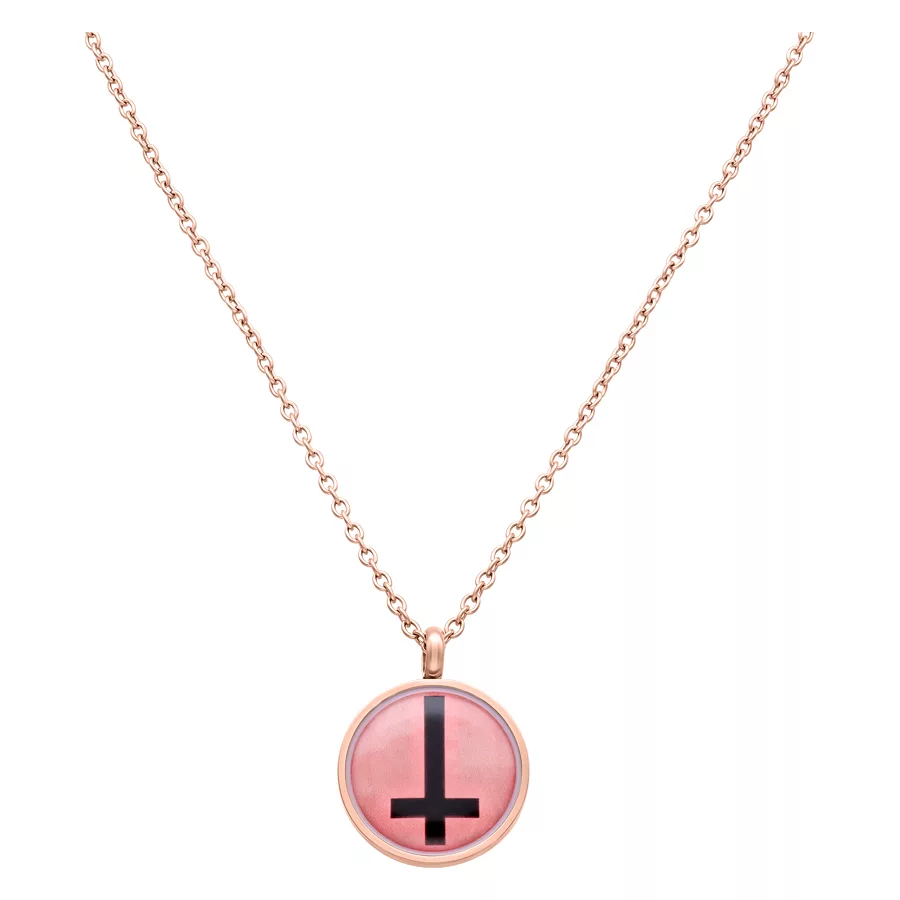 Apricot Cross Kette in Roségold Unisex Kette mit apricotfarbenem Anhänger und schwarzem Kreuz auf weißem Hintergrund