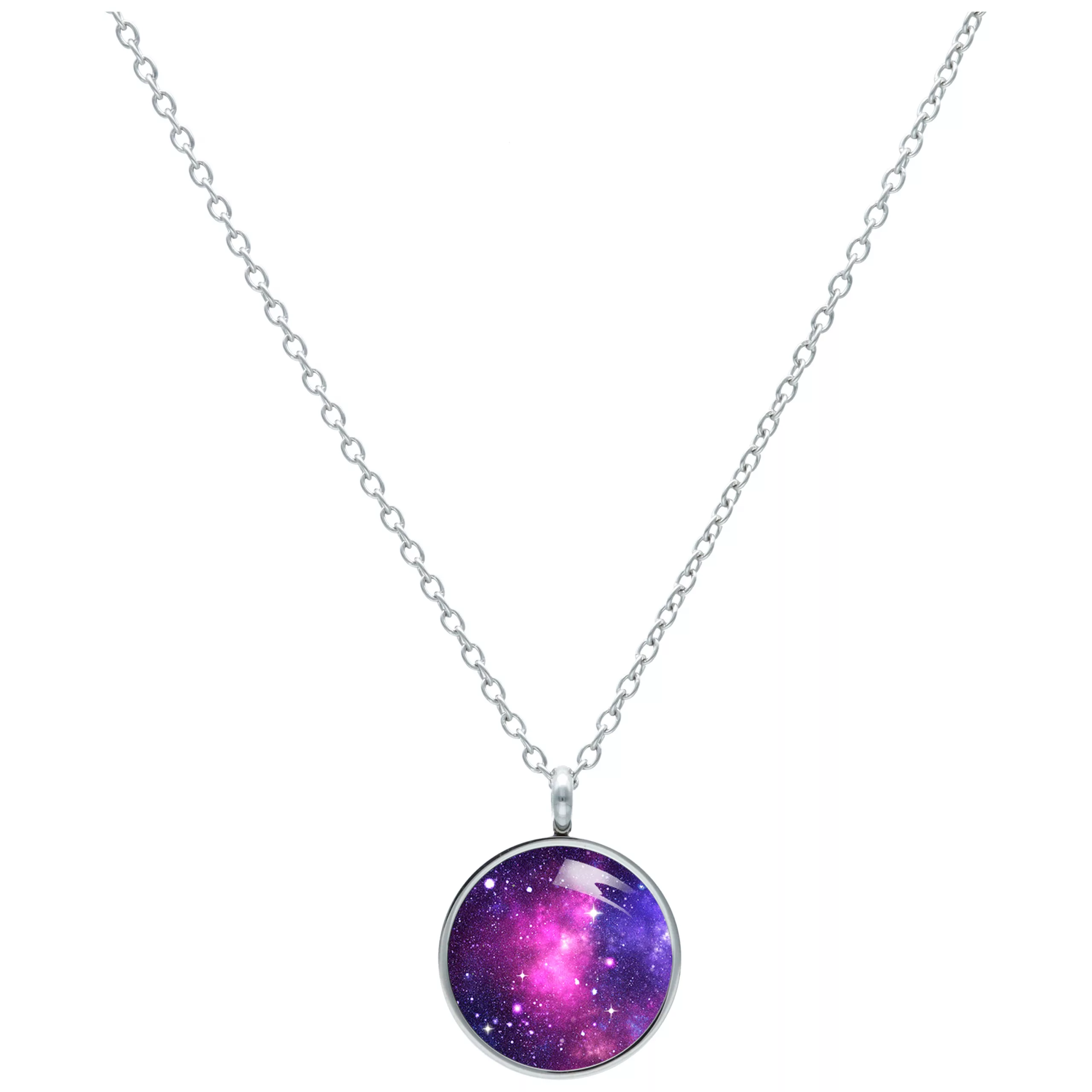 Pink Galaxy Kette aus Chirurgenstahl 60cm Silberne Kette mit rundem pink-lila Galaxy-Anhänger auf weißem Hintergrund