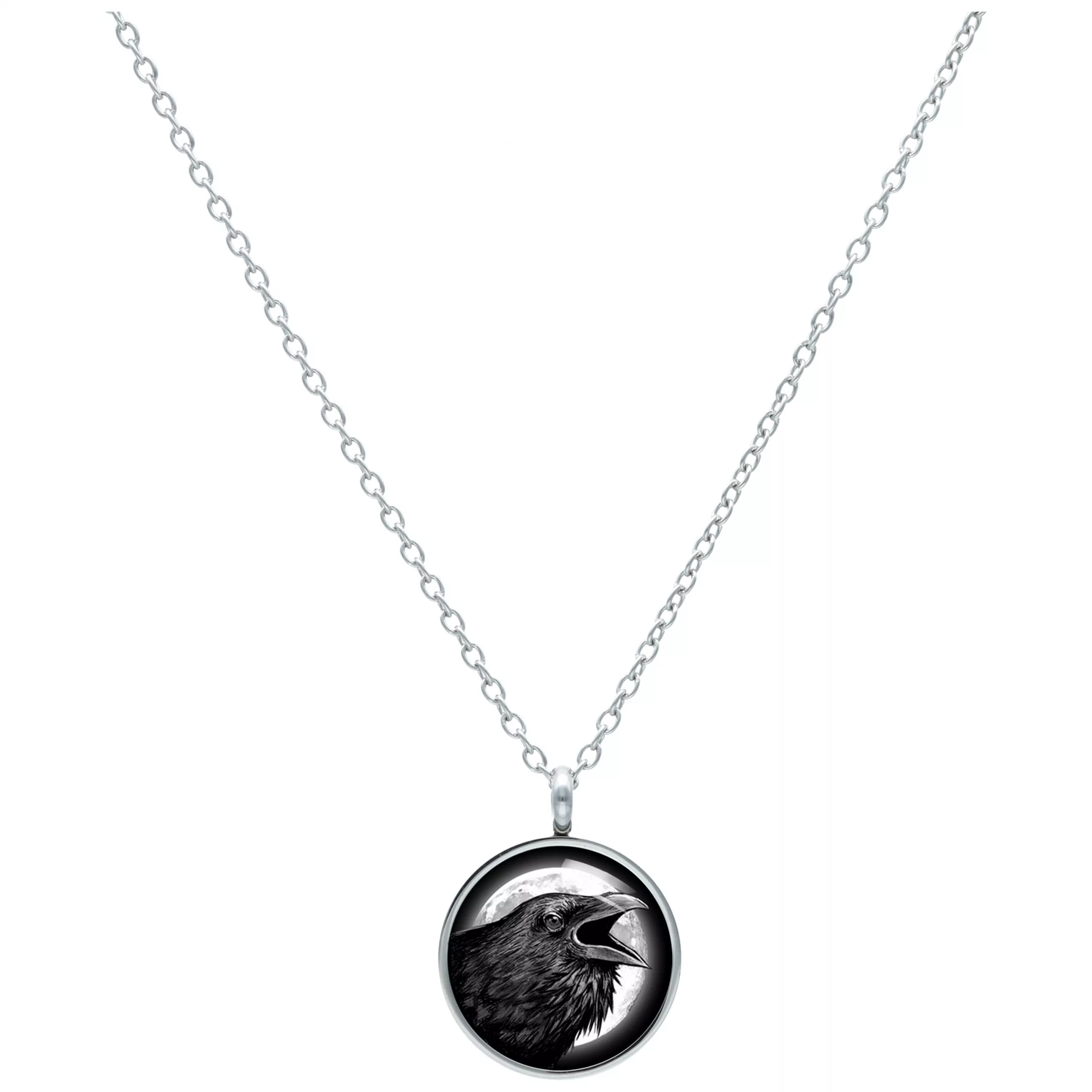 Silberne Kette mit rundem Anhänger und Rabenmotiv auf weißem Hintergrund