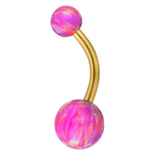 Goldenes Bananabell mit Bubble Gum Opal Kugeln auf weißem Hintergrund