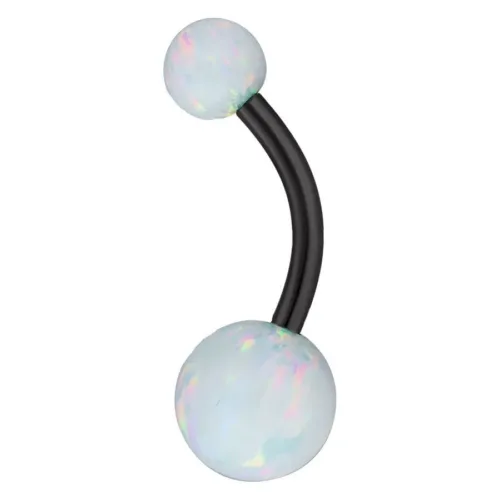 Schwarzes Bauchnabelpiercing aus Titan mit zwei synthetischen Opal-Kugeln auf weißem Hintergrund