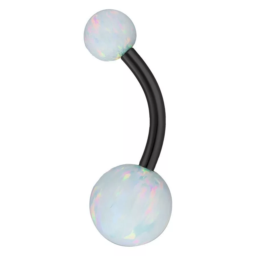 Schwarzes Bauchnabelpiercing aus Titan mit zwei synthetischen Opal-Kugeln auf weißem Hintergrund
