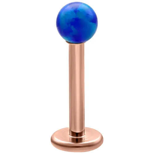 Dunkelblauer Opal Kugel Labret auf roségoldenem Titanstab, Studiohintergrund