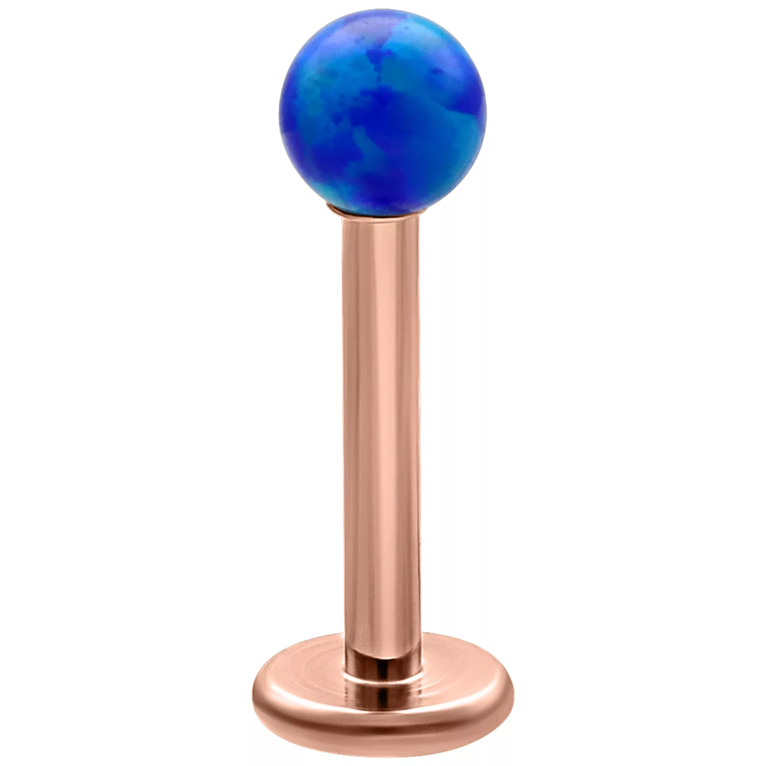 Dunkelblauer Opal Labret 5mm Roségold Dunkelblauer Opal Kugel Labret auf roségoldenem Titanstab, Studiohintergrund