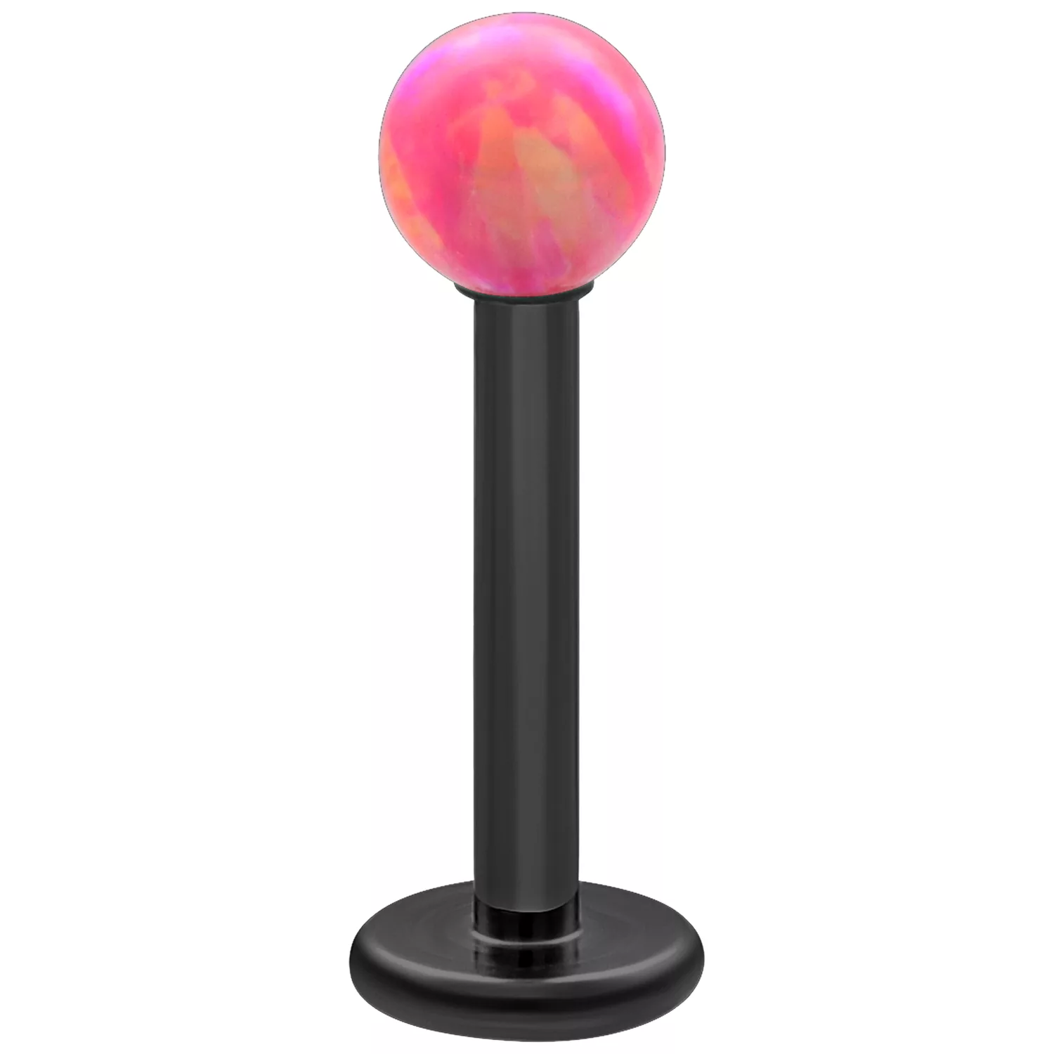 Labret mit Light Hot Pink Opal Kugel, 5 mm Schwarzes Titan Labret mit 5 mm Light Hot Pink Opal Kugel auf weißem Hintergrund