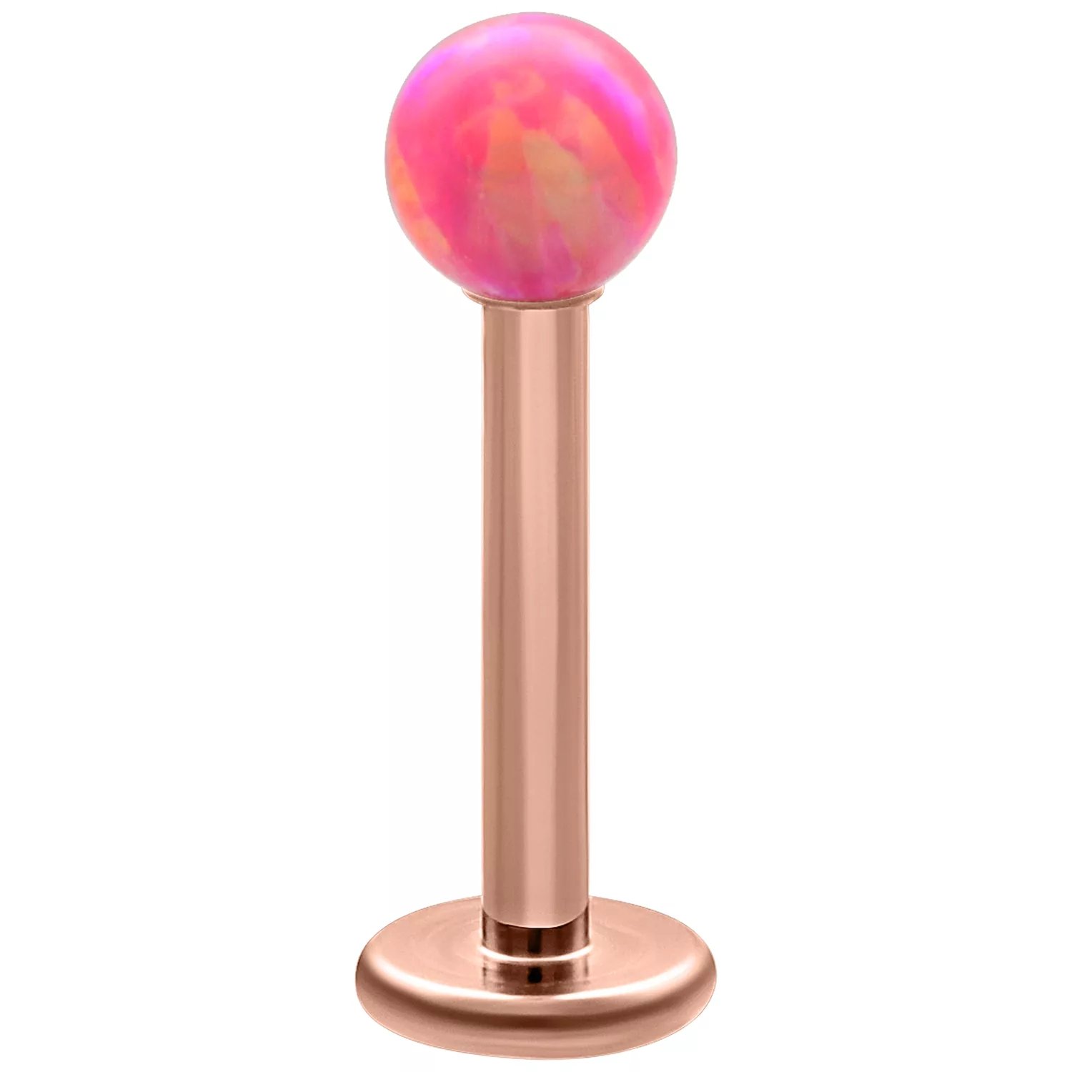 Opal Ball Labret 5,0 mm in Roségold Labret mit roségoldenem Stab und pinkem Opalball auf weißem Hintergrund