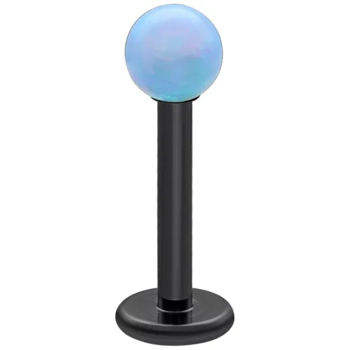 Schwarzes Titan-Labret mit hellblauer Opalkugel auf weißem Hintergrund