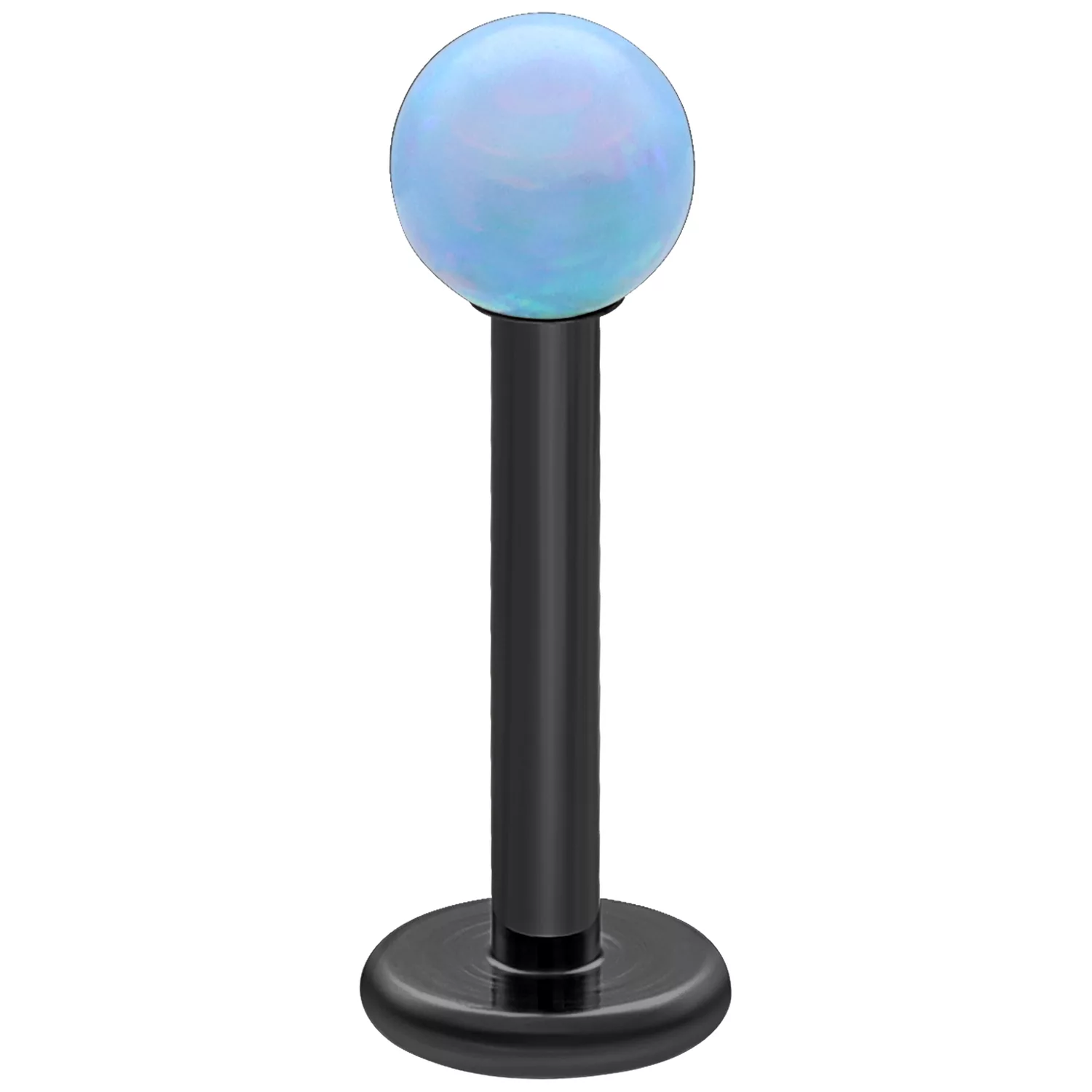 Hellblauer Opal Labret Piercing 5,0 mm Schwarzes Titan-Labret mit hellblauer Opalkugel auf weißem Hintergrund