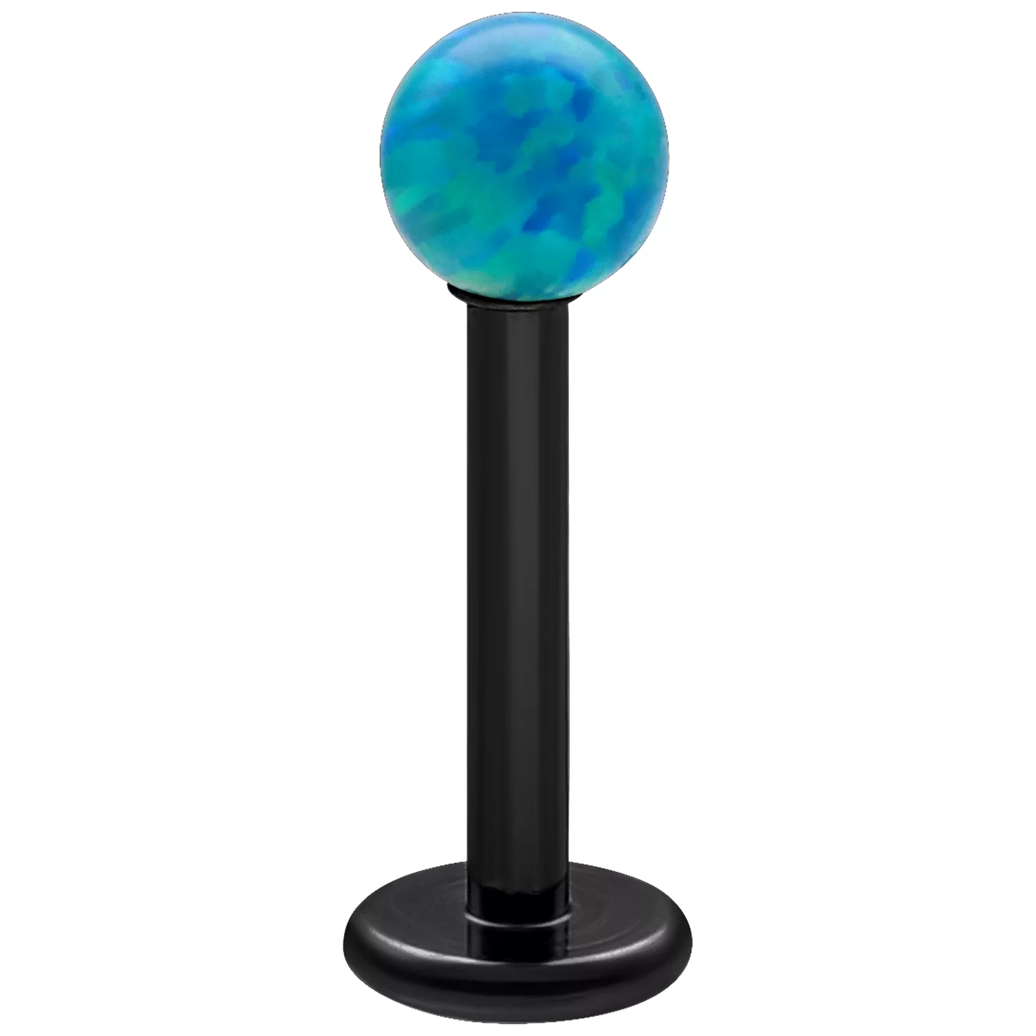 Navy Blau Opal Micro Labret 5,0 mm Labret mit navy blauem Opal auf schwarzem Titanstab vor weißem Hintergrund